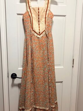 Vintage Candi Jones California Peach Floral Cottagecore Maxi Dress Lace Bodice